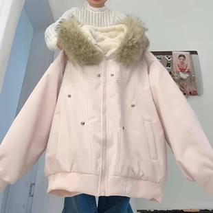 加厚保暖连帽棉衣外套 粉色座山雕毛领棉服上衣女冬季 胖mm大码 女装