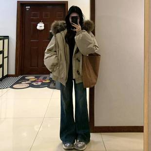 高街毛领夹棉外套女冬季 胖mm美式 洋气百搭加厚羽绒棉服 女装 特大码