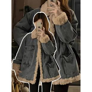 胖mm特大码 宽松加厚保暖牛仔外套女韩系简约高级感羊羔毛棉服上衣