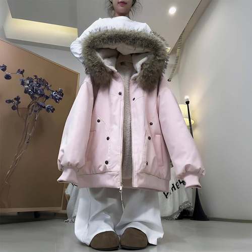 胖mm大码女装粉色宽松显瘦座山雕羽绒棉服女秋冬加厚保暖连帽棉衣