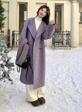 紫色双面呢大衣女2025冬季新款时尚长款温柔风圆领毛呢外套配围巾