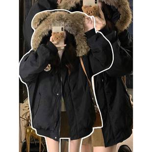 大码 胖mm简约风高级感藏青色棉服女秋冬加厚保暖小熊连帽外套 女装