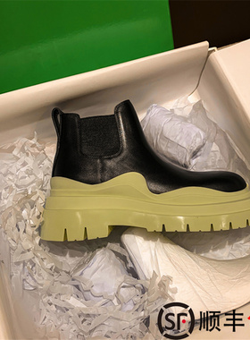 AW BV切尔西靴真皮烟筒靴女2026新款套筒马丁靴厚底牛油果绿短靴