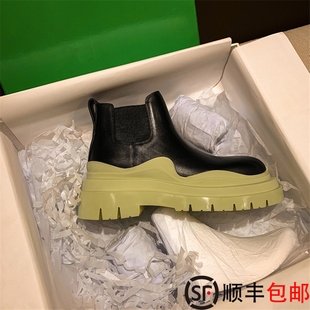 套筒马丁靴厚底牛油果绿短靴 BV切尔西靴真皮烟筒靴女2024新款