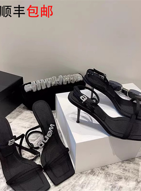 AW BV一字带细跟凉鞋女后交叉水钻字母性感露趾时尚方头高跟鞋女