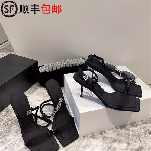 水钻一字带字母细跟性感高跟鞋女