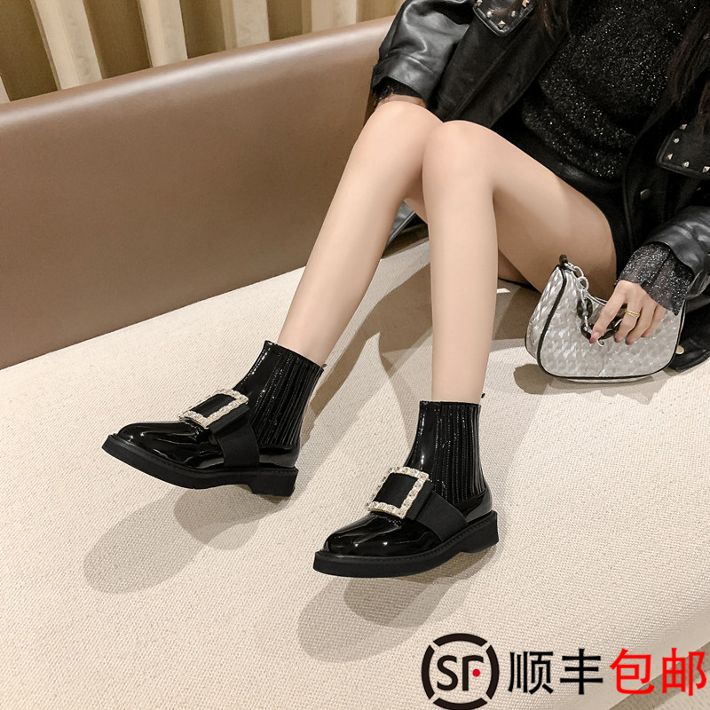 水钻方扣短靴内增高厚底切尔西靴