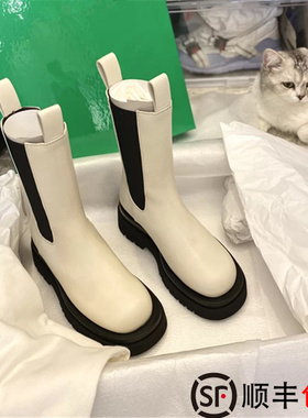 AW BV切尔西短靴女2026秋冬mona同款真皮厚底中筒马丁靴烟筒靴子