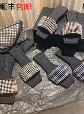 AW BV水钻平底一字拖鞋女外穿2025夏新款时尚方头露趾沙滩凉拖鞋