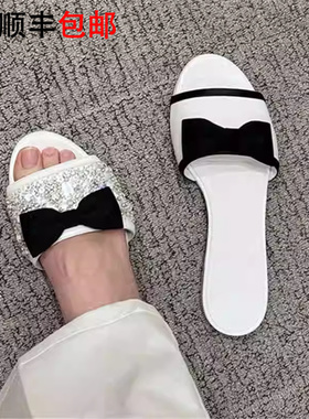 小香风水钻凉拖鞋女外穿夏季新款亮片蝴蝶结一字带露趾沙滩平底鞋