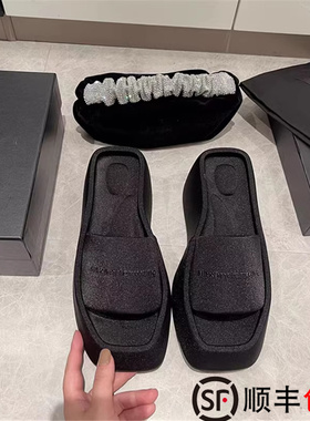 AW BV厚底增高一字带拖鞋女外穿2024新款松糕底增高懒人凉拖鞋女