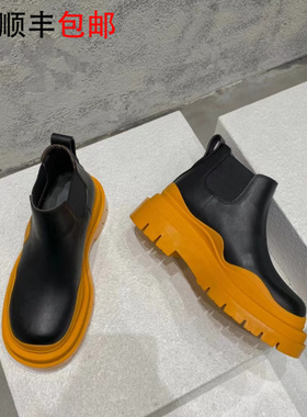 AW BV真皮厚底切尔西短靴女秋冬mona同款英伦风增高烟筒靴马丁靴