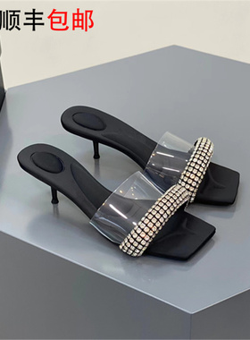 AW BV水钻细跟高跟鞋女2026新款方头透明一字带性感露趾后空凉鞋