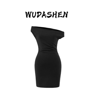 纯色基础褶皱短款 斜肩杀手 短款 连衣裙无袖 你伍老板娘