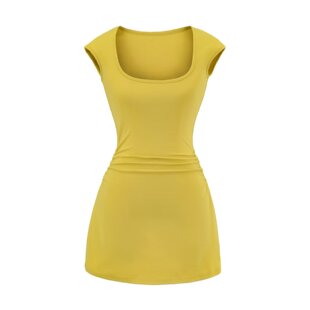 【你伍老板娘】“糖霜奶芙”纯欲纯色u领短袖收腰A字抽褶皱连衣裙