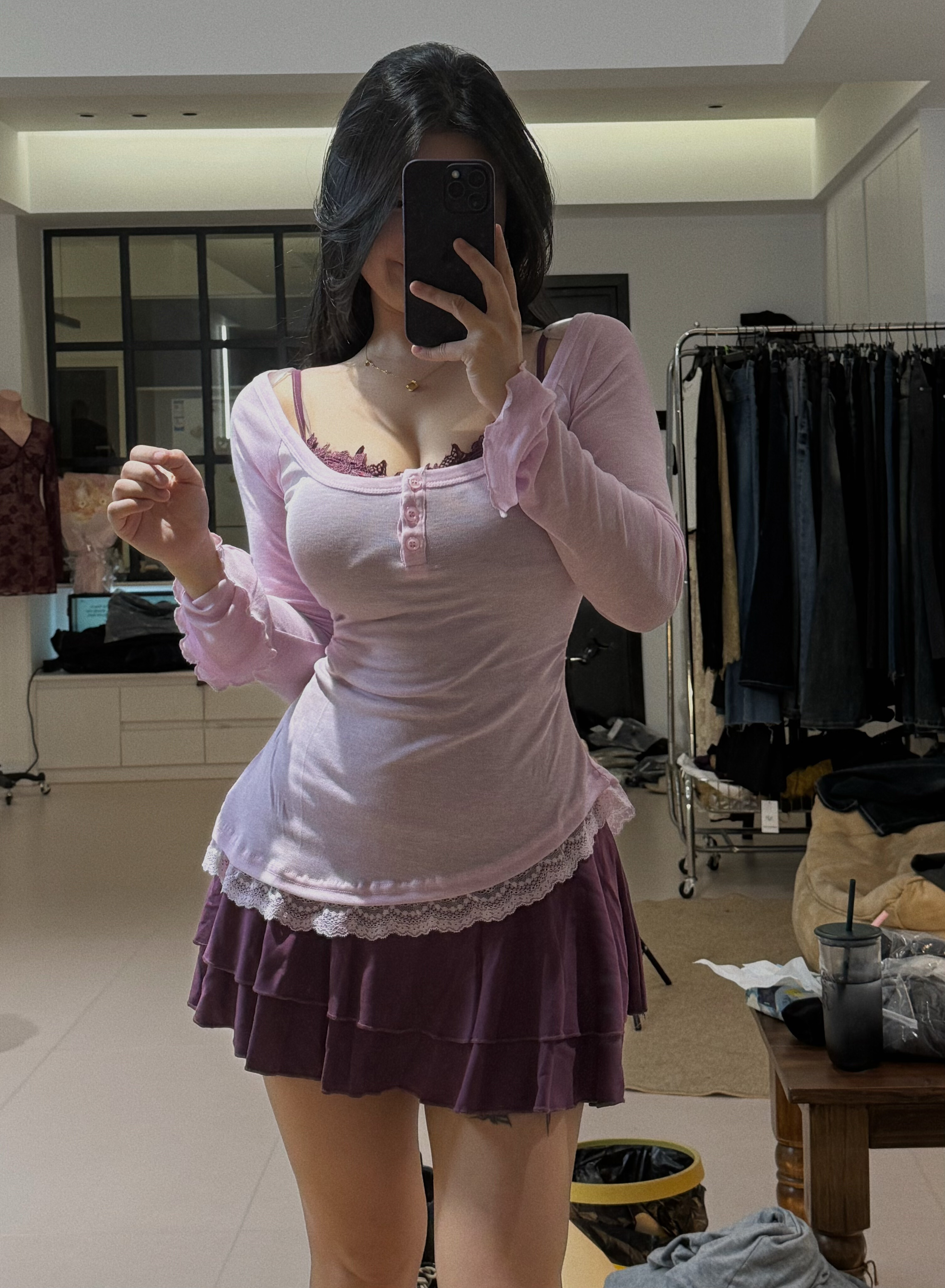 【你伍老板娘】“格林兰岛”紫色拼色真两件吊带胸垫连衣裙蕾罩衫