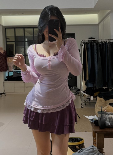 【你伍老板娘】“格林兰岛”紫色拼色真两件吊带胸垫连衣裙蕾罩衫