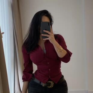 褶皱收腰弹力显白长袖 韩佳人红 衬衫 安哥拉红衬衫