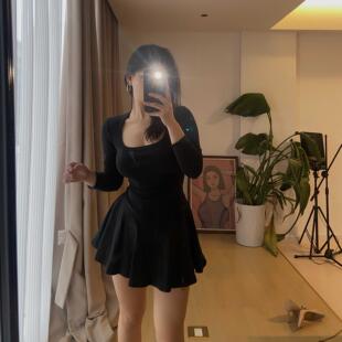 方领显瘦收腰大摆短款 芭蕾裙 连衣裙自留推荐 长袖