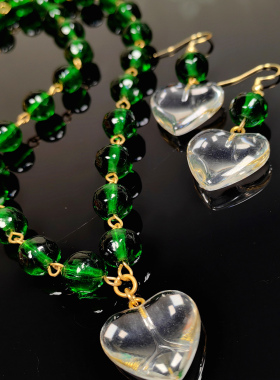 桃心琉璃异形套装项链毛衣链青岛vintage饰品珍珠新款中古耳饰