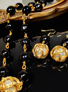 手工琉璃异形套装项链毛衣链青岛vintage饰品珍珠新款中古耳饰