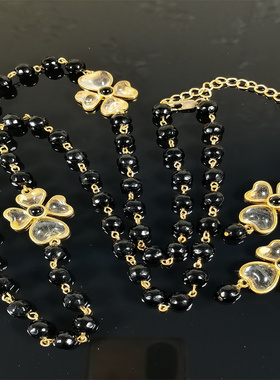 琉璃项链毛衣链新款四叶草套装耳饰琉璃中古饰品时尚首饰