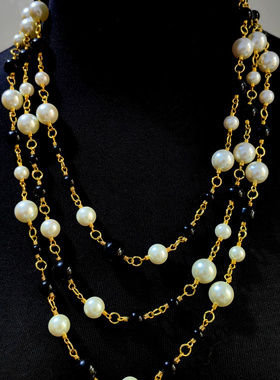 琉璃项链中古饰品毛衣链珍珠琉璃珠多层绿玉淡水珍珠长款套装