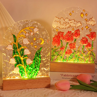 母亲节郁金香手绘玻璃画diy材料手工小夜灯数字油画水波纹版 礼物