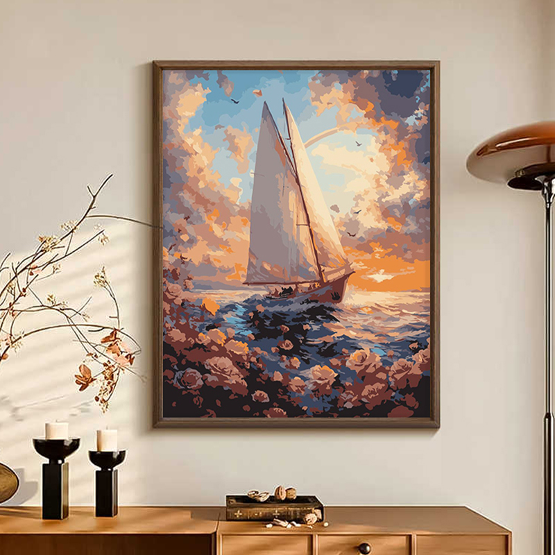 海上落日玫瑰梵高数字油画填色diy手工艺术品丙烯画客厅玄关装饰图片