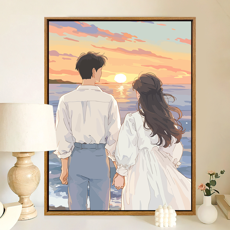 海边浪漫情侣填色数字油画diy
