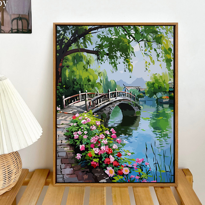 小桥流水风景diy数字油画减压治愈手工填色画手绘填充丙烯装饰画图片