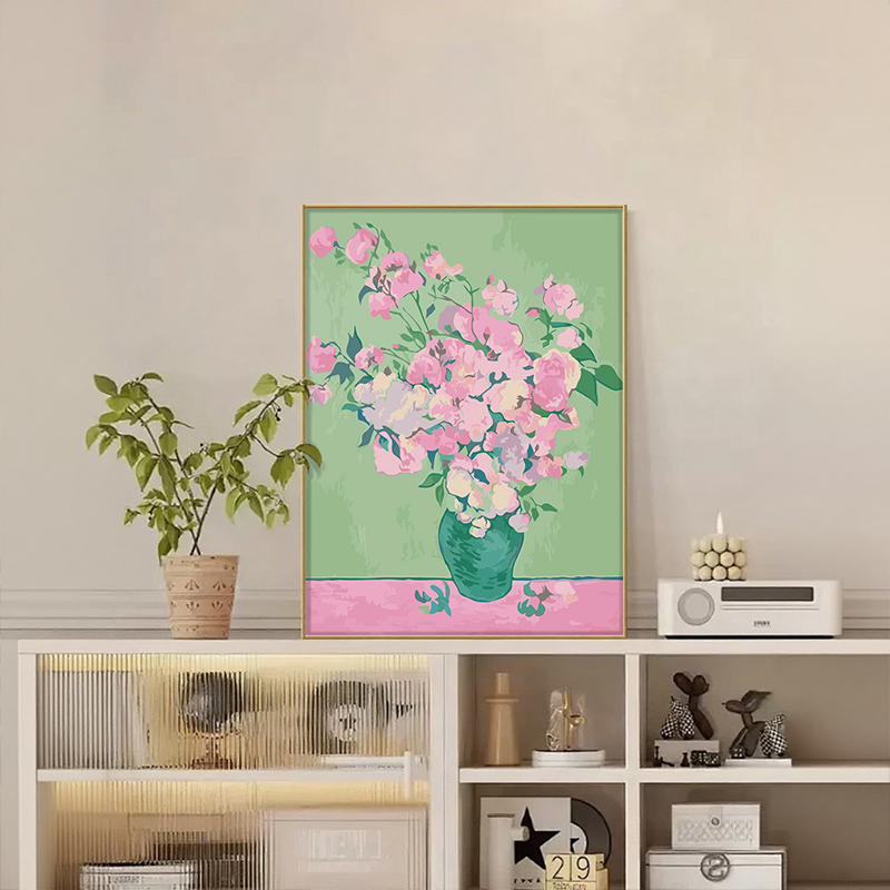 中古风梵高美式复古花瓶玫瑰数字油画手工diy丙烯客厅摆件装饰画图片