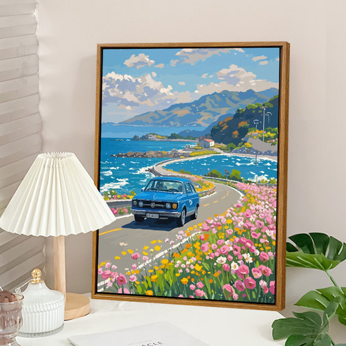 花海公路治愈宫崎骏风景数字油画