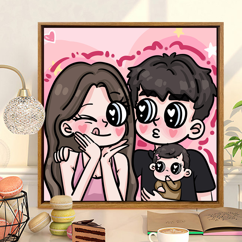 全家福数字油画一家三口可定制