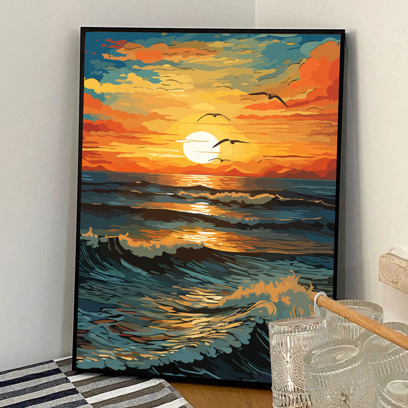 日落夕阳海边数字油画diy手工填充手绘画画填色解闷打发时间油彩,家居饰品,DIY/数字油画,淘宝优惠券,粉丝福利购,淘宝优惠卷