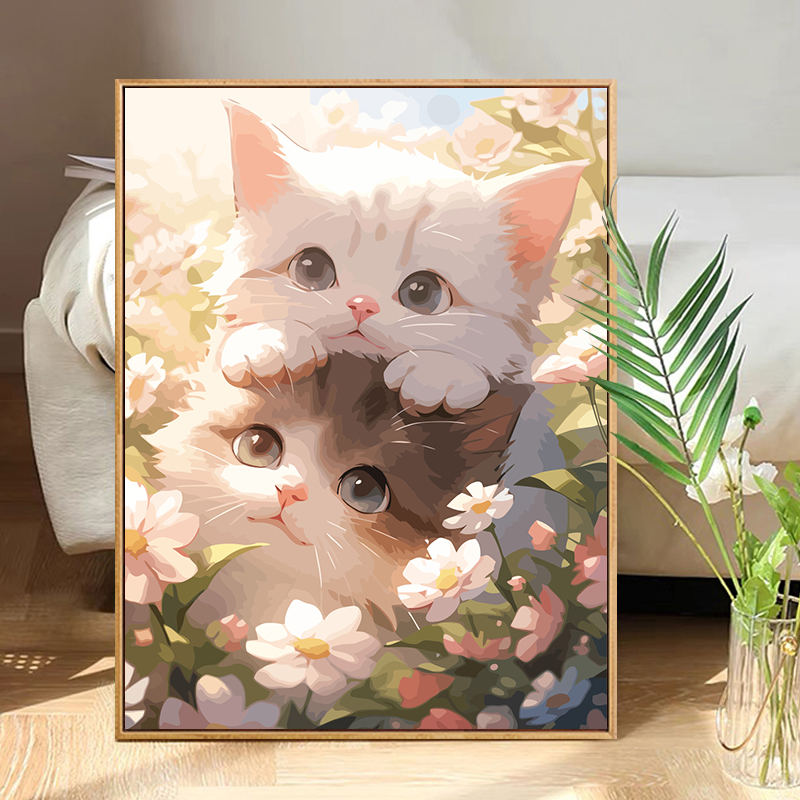 可爱u治愈花间猫咪diy数字油画