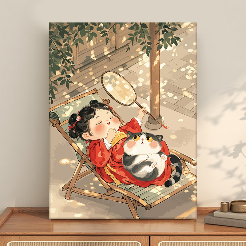 新中式古风女孩猫咪diy数字油画画填色无聊解闷手绘丙烯装饰挂画图片