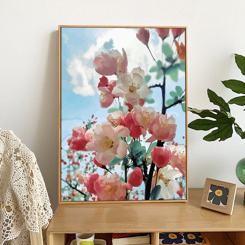 海棠花卉diy数字油画填色画丙烯油彩画治愈手绘手工涂色画装饰画