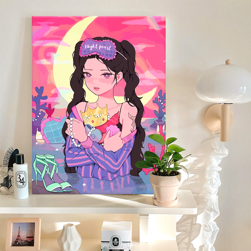 ins风漫画少女卡通diy数字油画手工填充丙烯画手绘画画填色油彩画