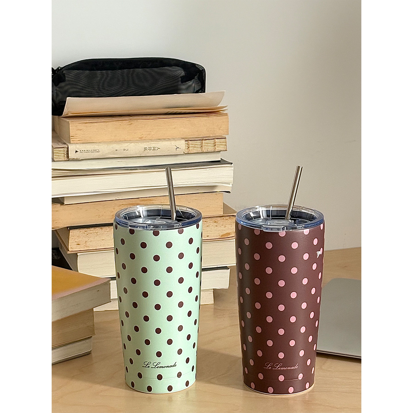 lelemonade保温杯女高颜值高级感复古波点大容量随行咖啡吸管水杯