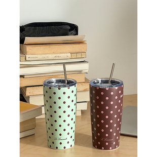 lelemonade保温杯女高颜值高级感复古波点大容量随行咖啡吸管水杯