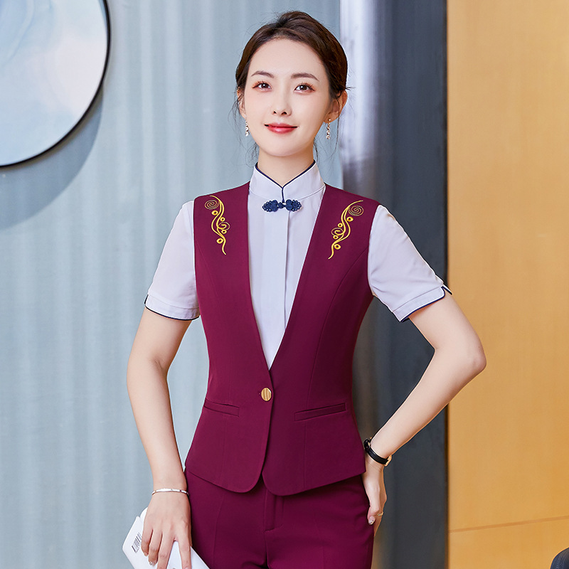 职业装马甲套装女短袖酒店前台KTV马夹制服足疗技师美容美发工服