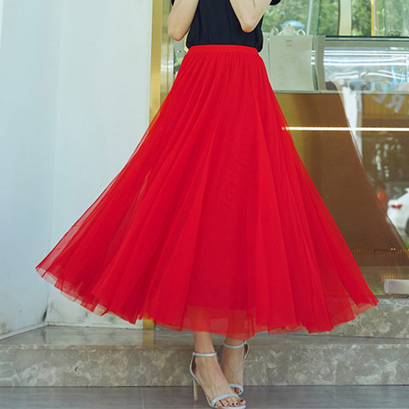 绿色网纱裙女半身裙720度大摆舞蹈裙垂感高腰显瘦跳舞纱裙广场舞