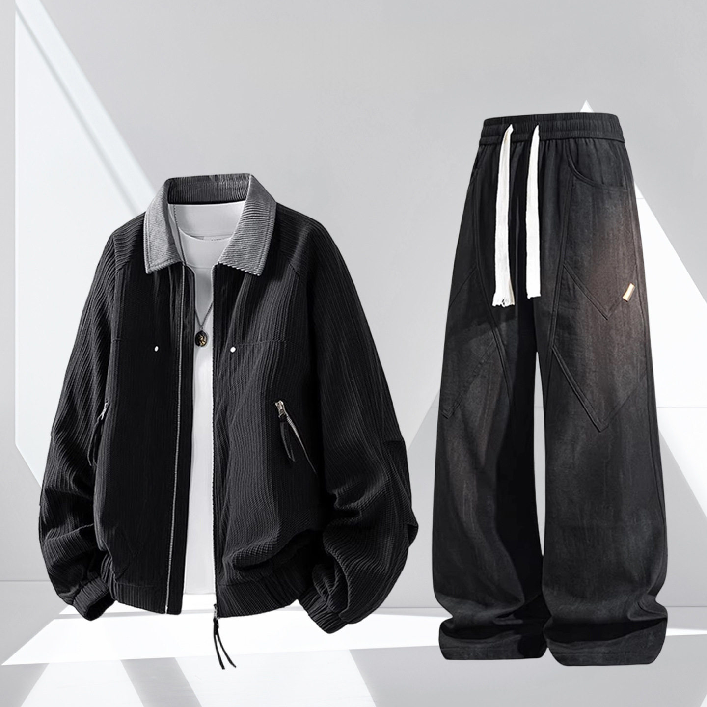2026春季翻领夹克外套新款男士套装潮牌大码宽松直筒休闲长裤