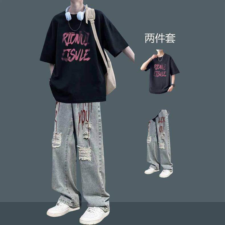 夏季男生短袖T恤套装两件套搭配牛仔裤休闲男装时尚显高潮男潮牌