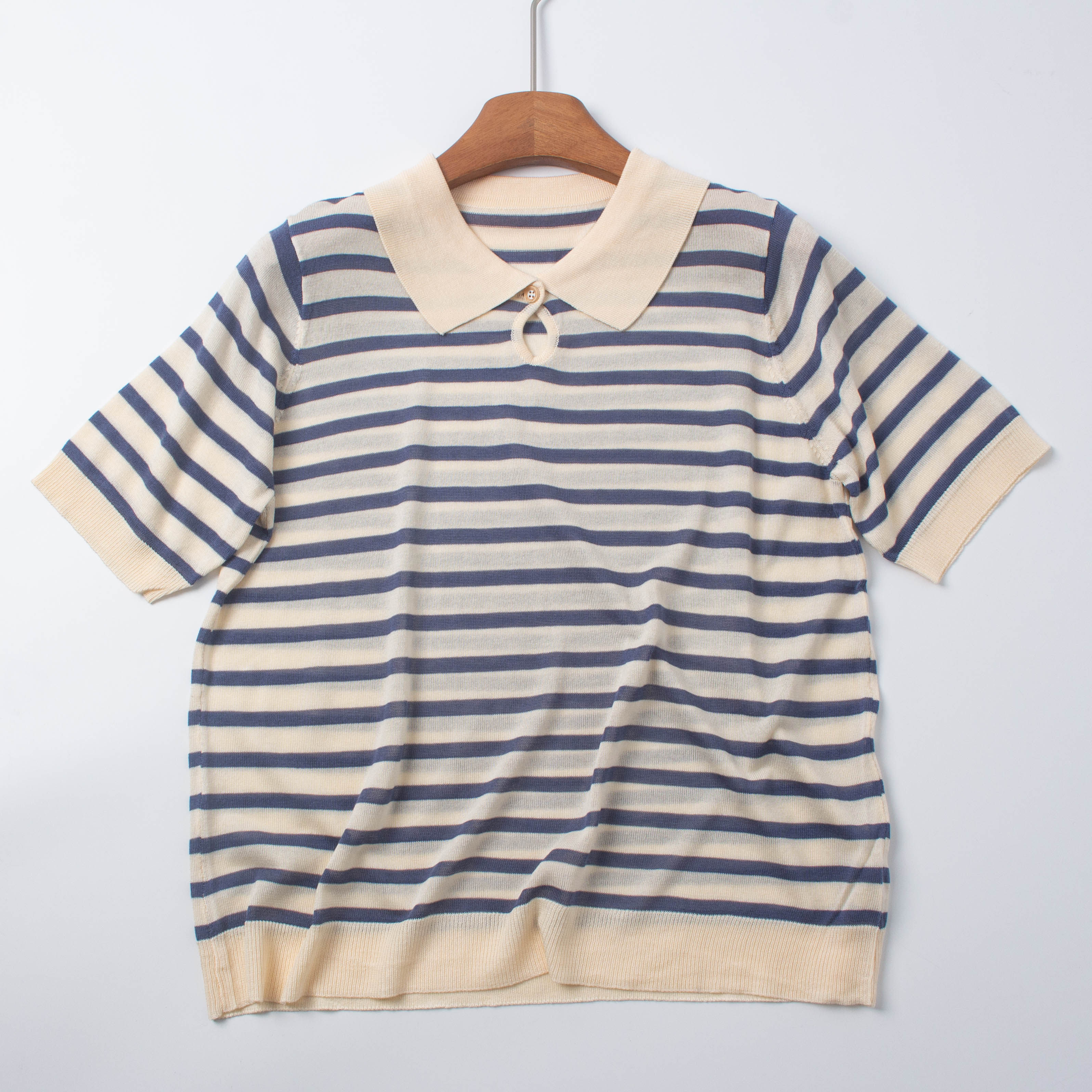 天丝亚麻夏季POLO领条纹针织衫
