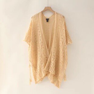 外贸尾货春夏薄款 开衩系带针织披肩外搭 镂空文艺减龄百搭中长款