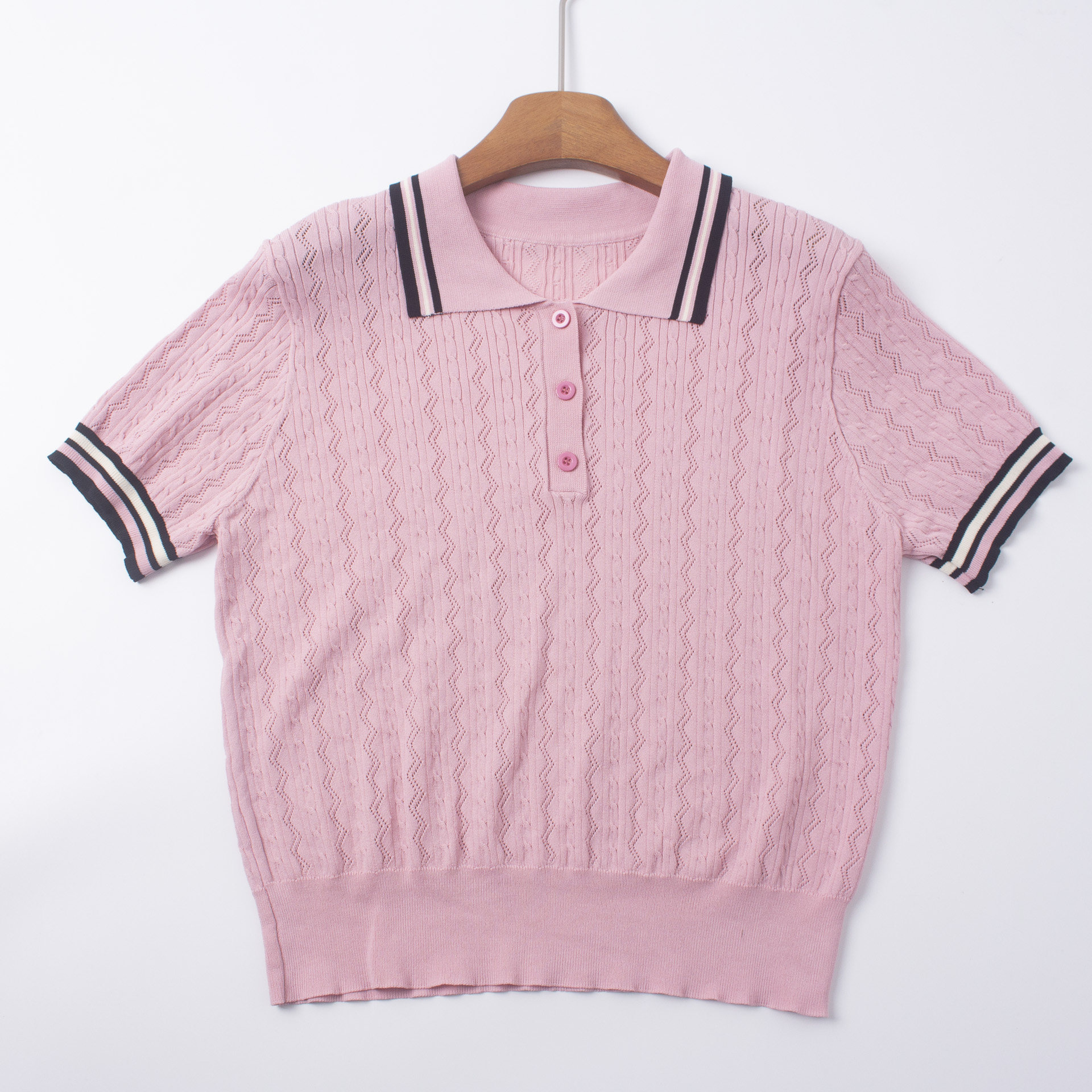 夏季撞色POLO领短袖显瘦针织衫