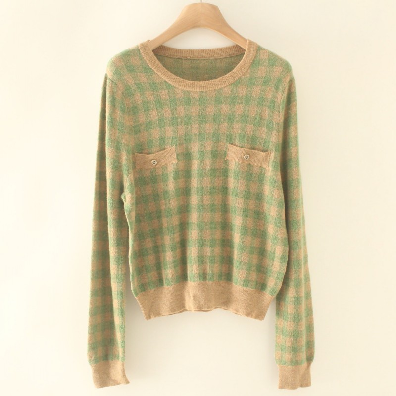 尾货云朵羊绒混纺春秋薄款圆领长袖套头针织衫女复古绿色格纹外套