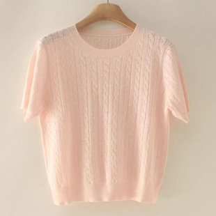 100%亚麻外贸品质柔软细腻宽松绞花弹力短袖针织圆领套头上衣女